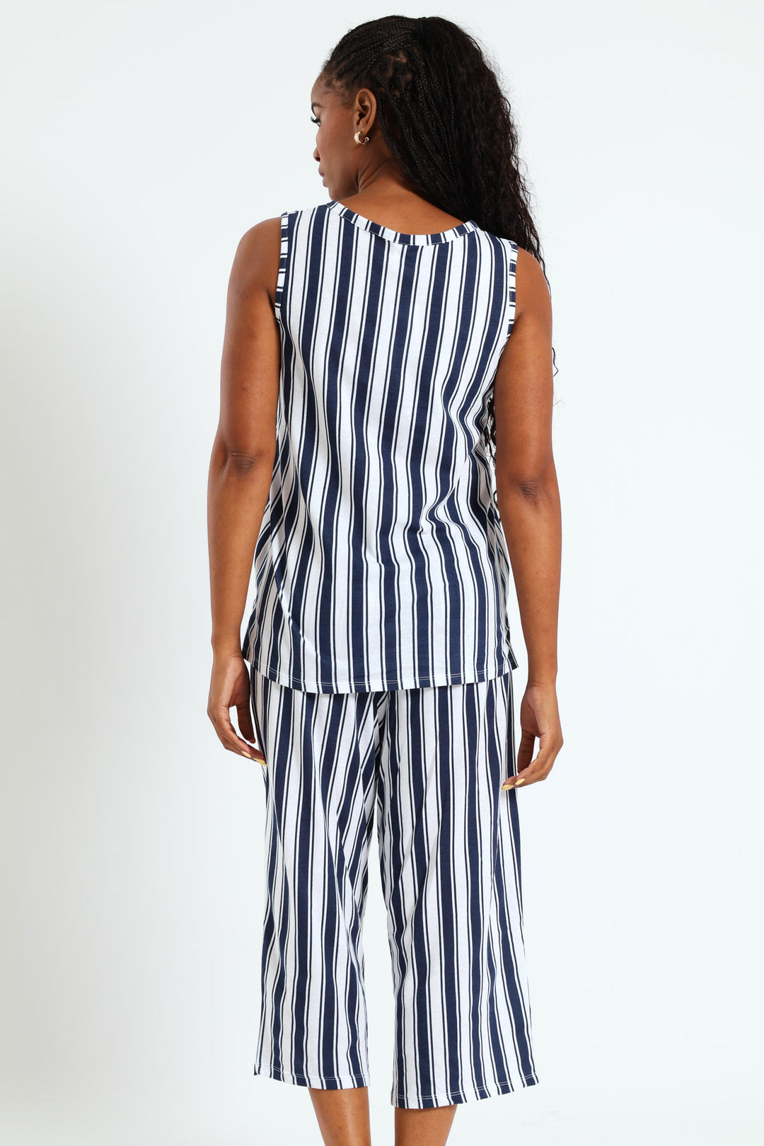 Button Through Stripe Capri Set - White/Blue