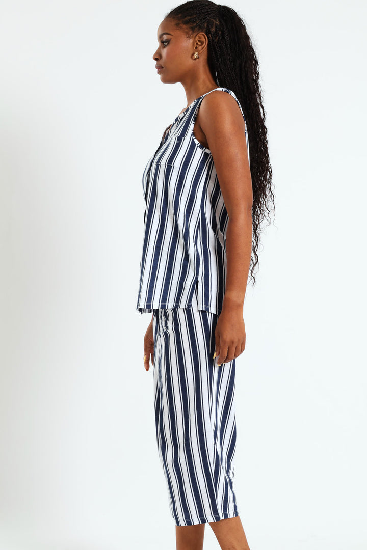 Button Through Stripe Capri Set - White/Blue