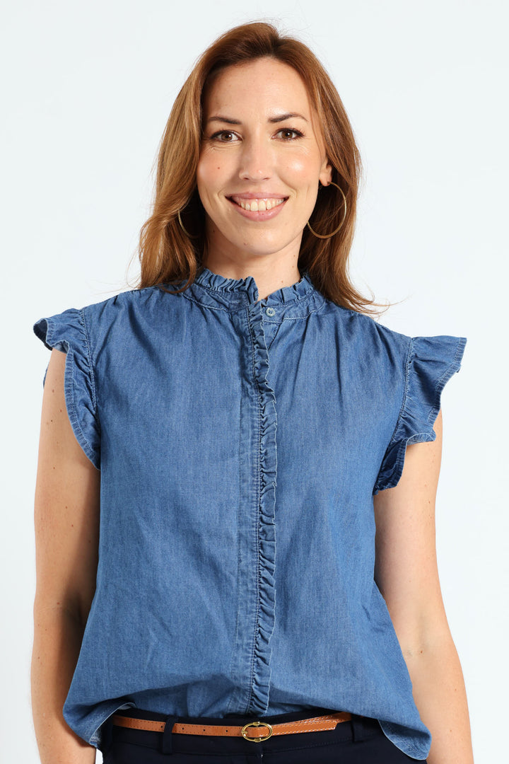 Frill Neck & Sleeve Button Through Blouse - Medium Wash