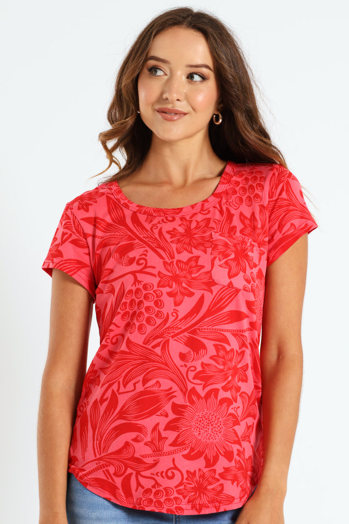 Two Tone Floral Print Pocket Tee - Red/Pink