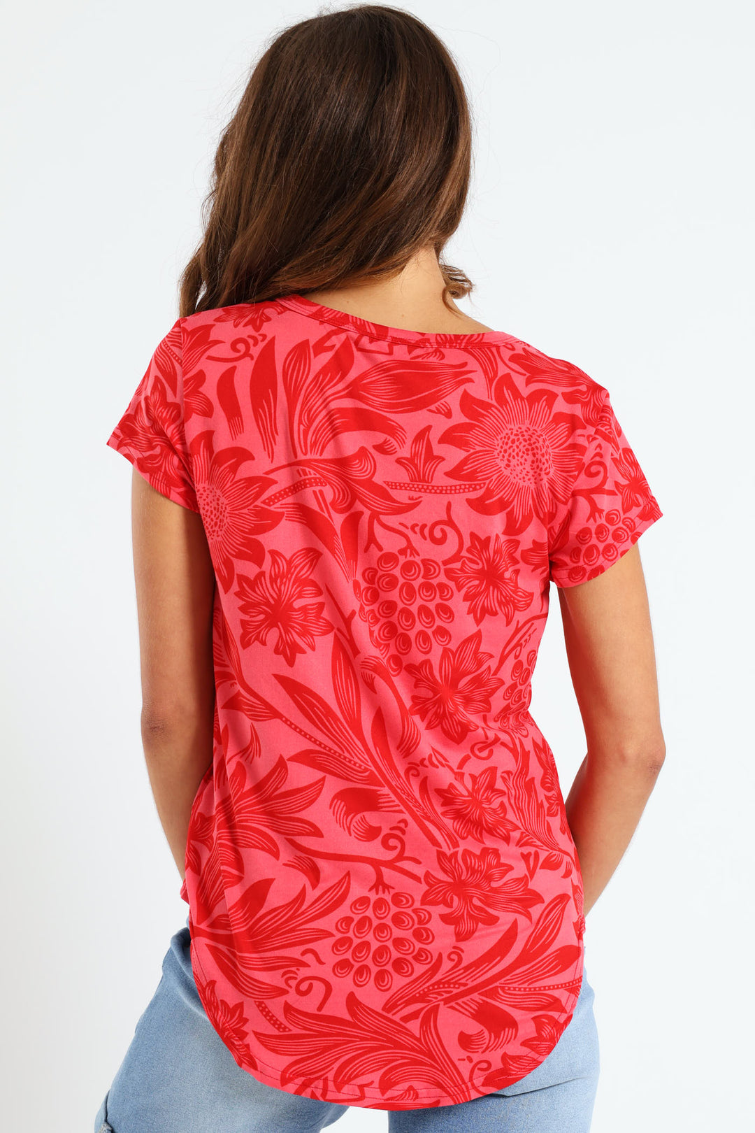 Two Tone Floral Print Pocket Tee - Red/Pink