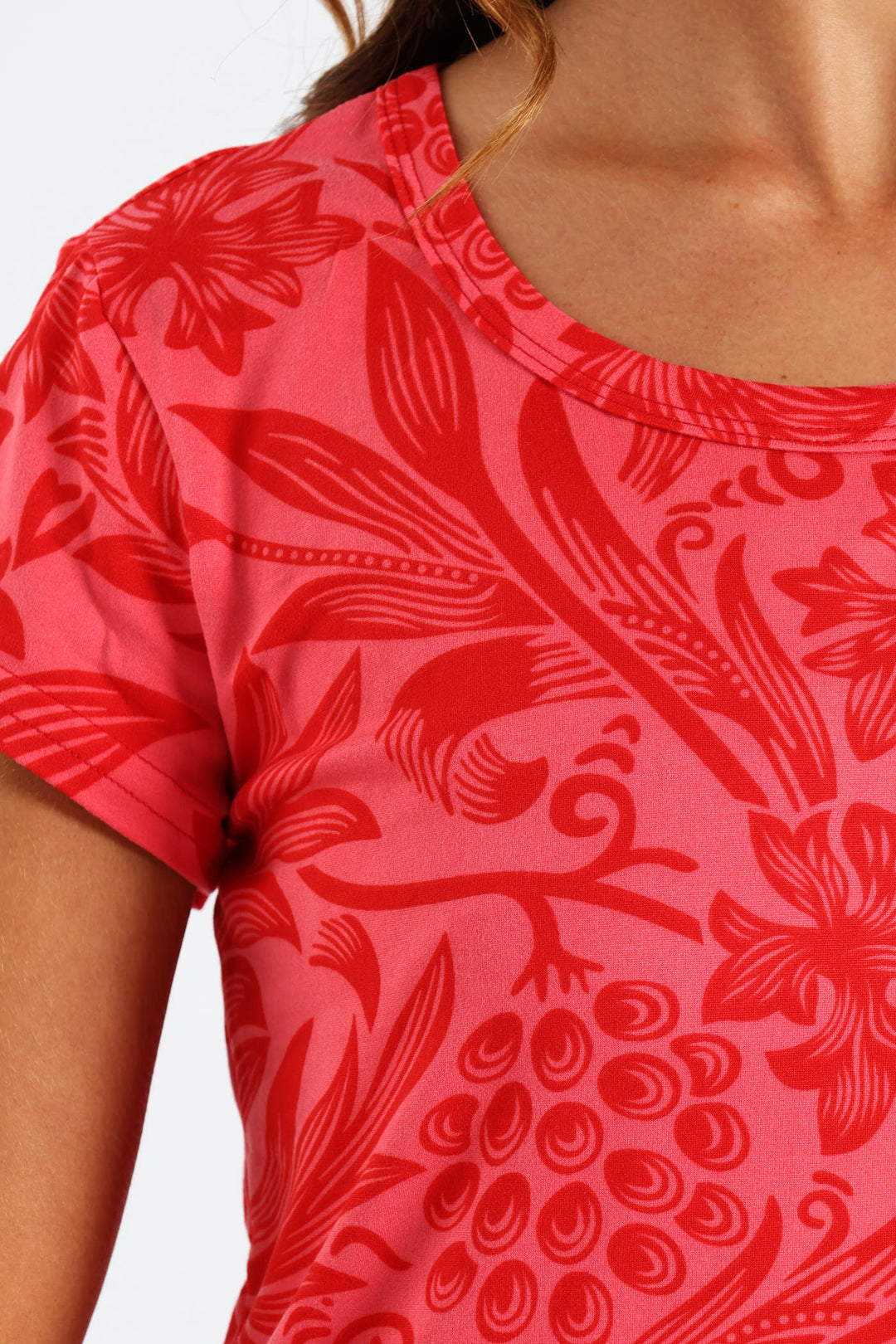 Two Tone Floral Print Pocket Tee - Red/Pink