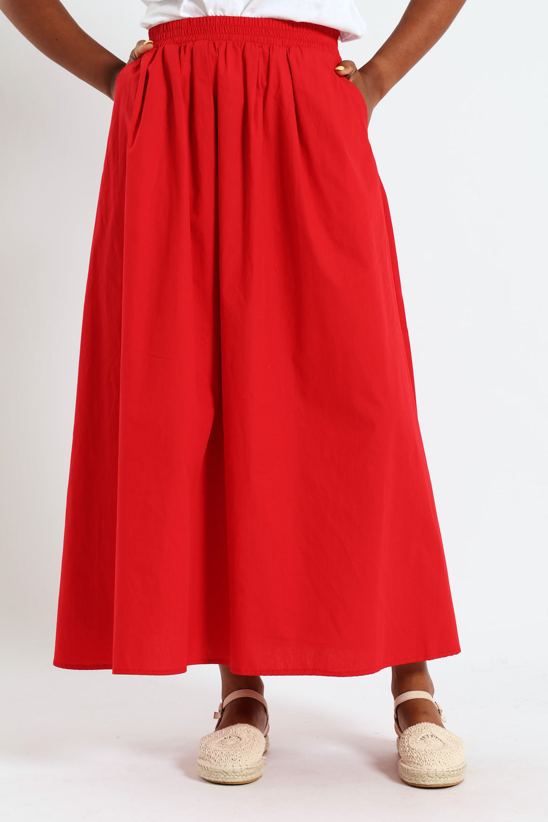 Pull On Poplin Midi Skirt - Red