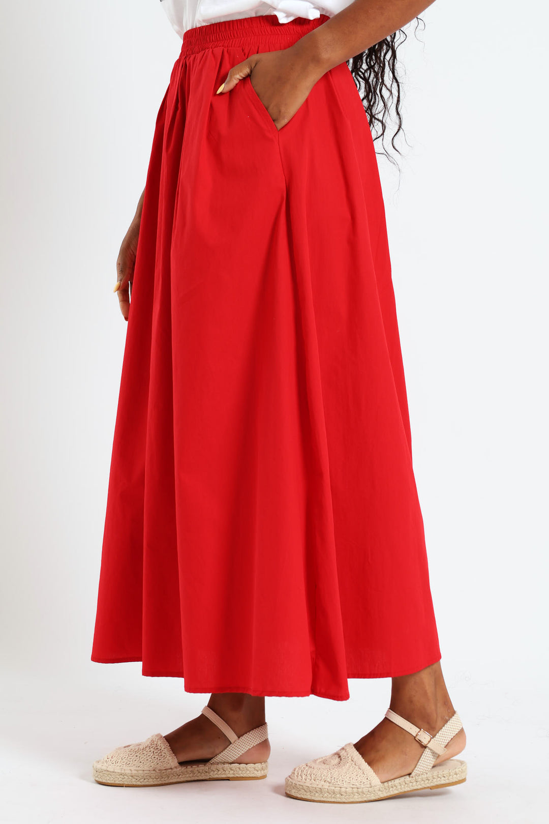 Pull On Poplin Midi Skirt - Red