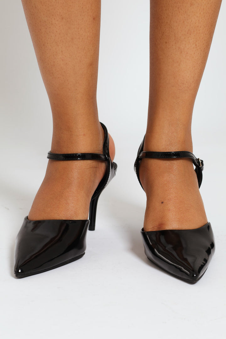 Pointy Open Waist Ankle Strap Kitten Court Heel - Black