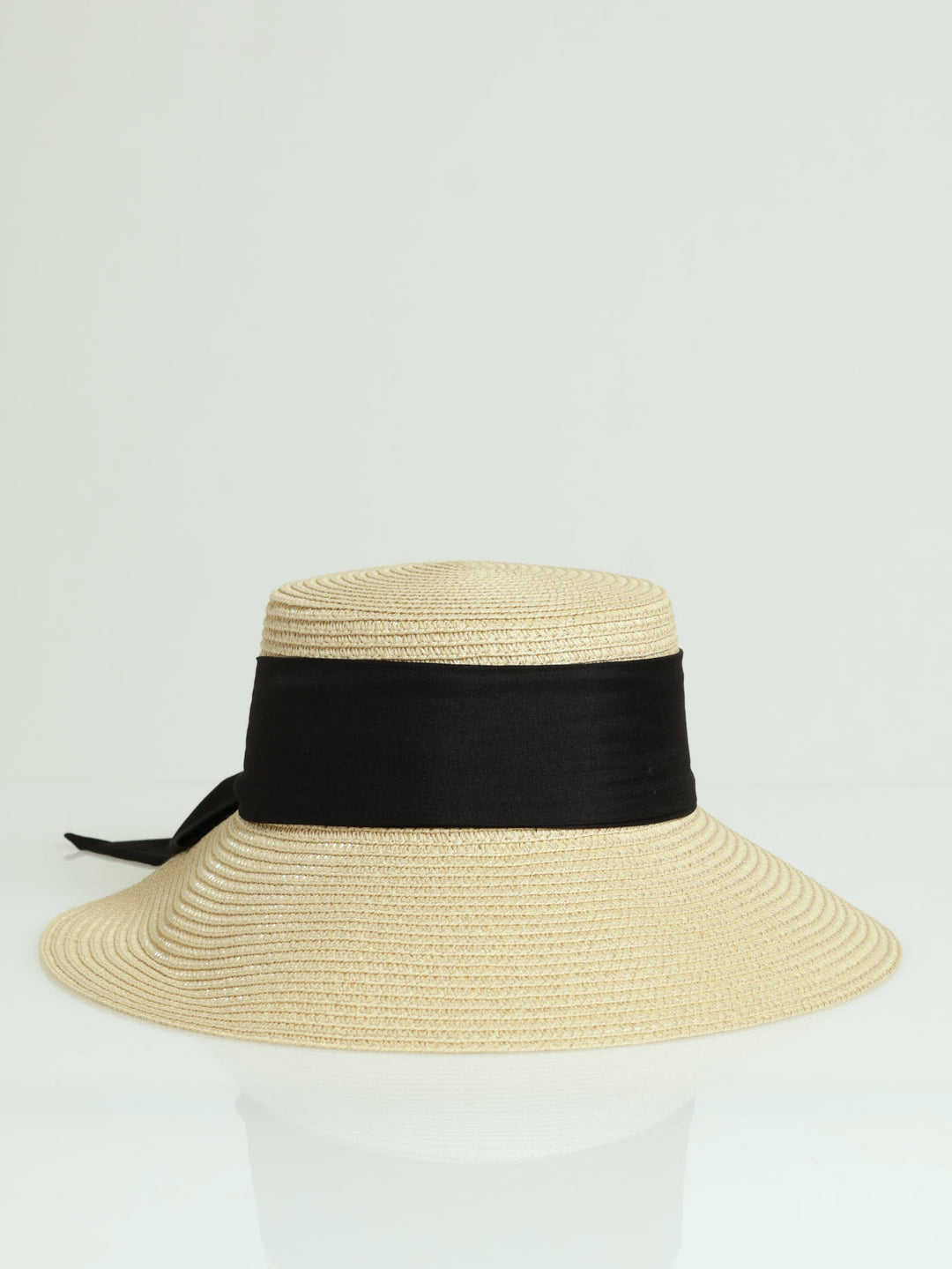 Black Ribbon Turned Down Sunhat - Beige