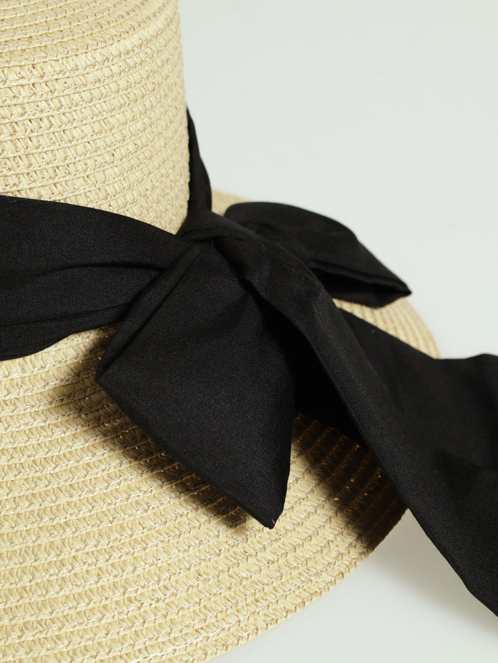 Black Ribbon Turned Down Sunhat - Beige