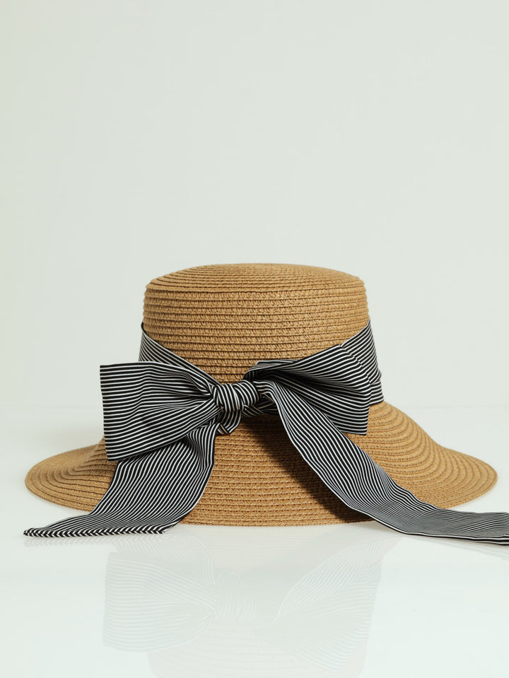 Stripe Bow Turndown Brim Sunhat - Caramel