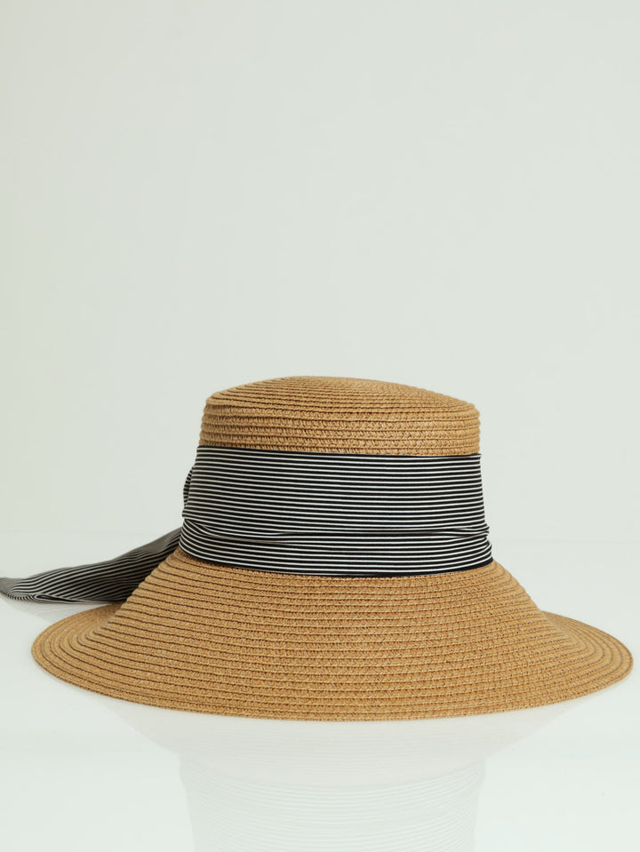 Stripe Bow Turndown Brim Sunhat - Caramel