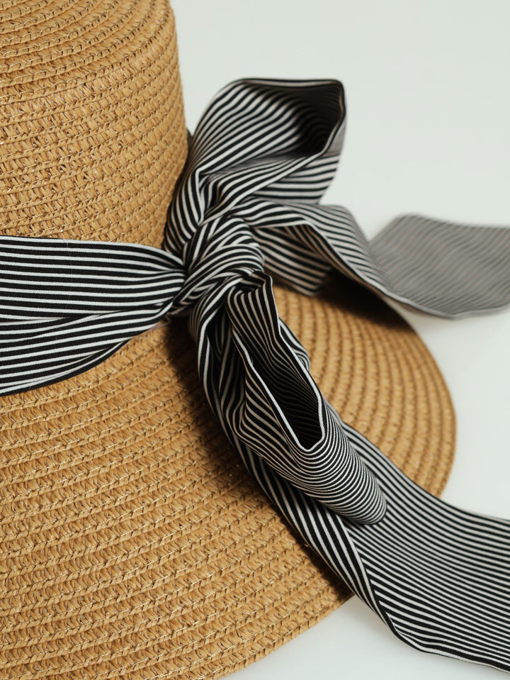 Stripe Bow Turndown Brim Sunhat - Caramel