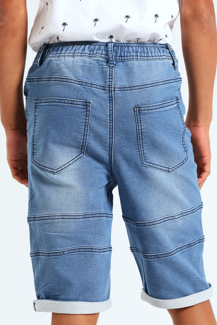 Boys Knit Pull On Denim Shorts - Mid Blue