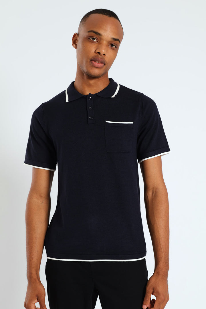 Contrast Knit Golfer - Navy