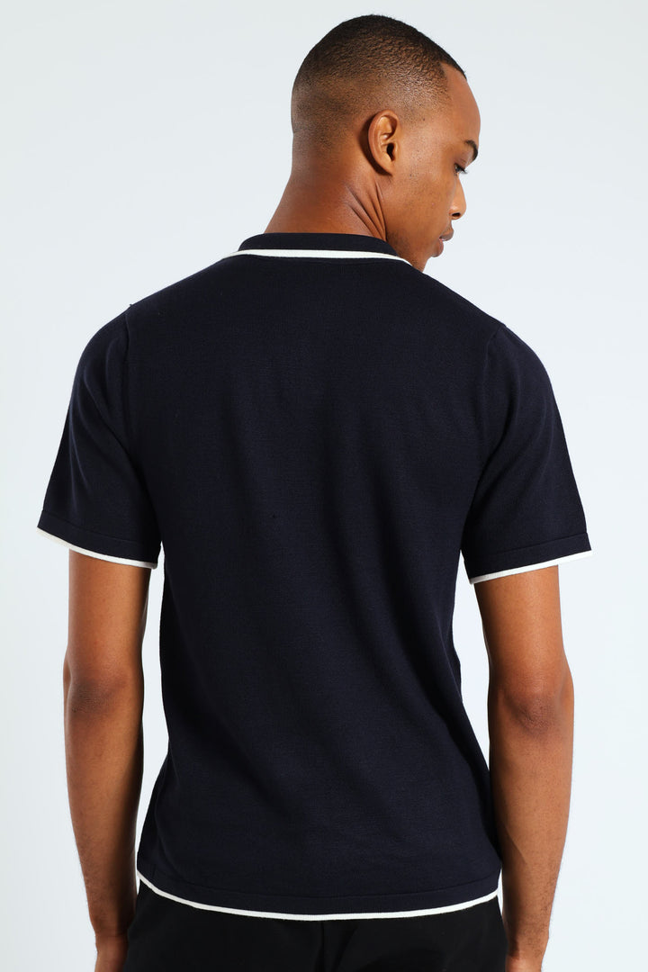 Contrast Knit Golfer - Navy