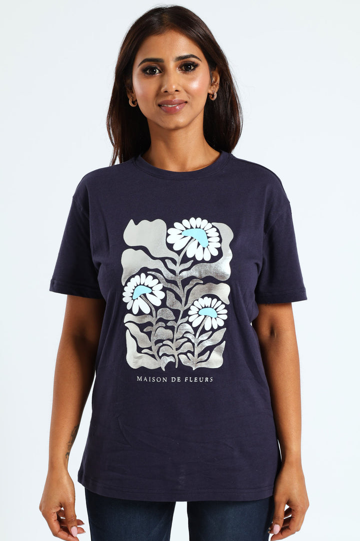 Foil Flowers Tee - Navy