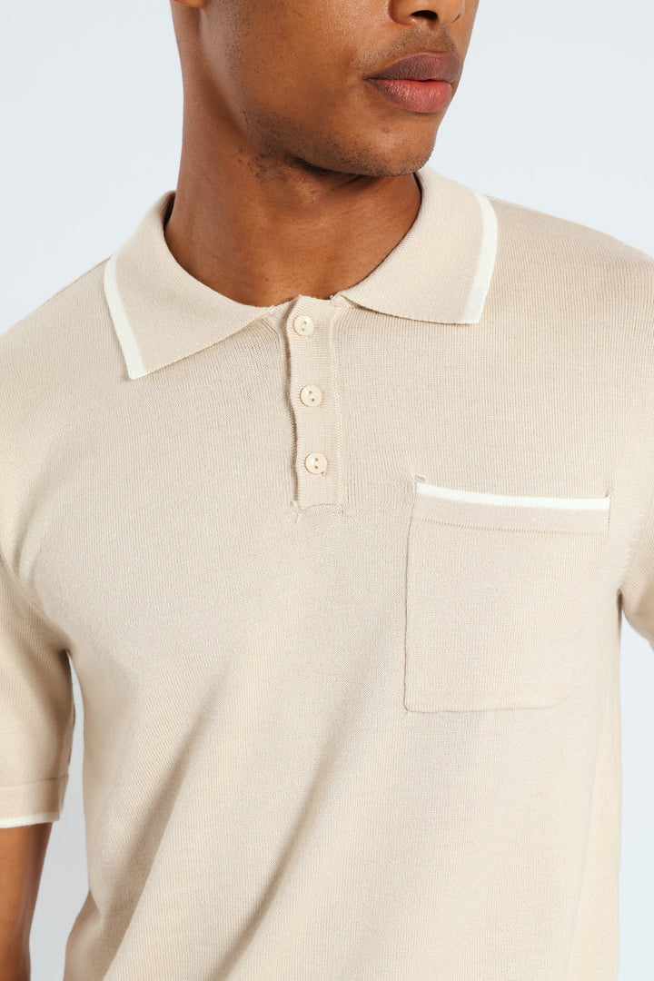 Contrast Knit Golfer - Tan