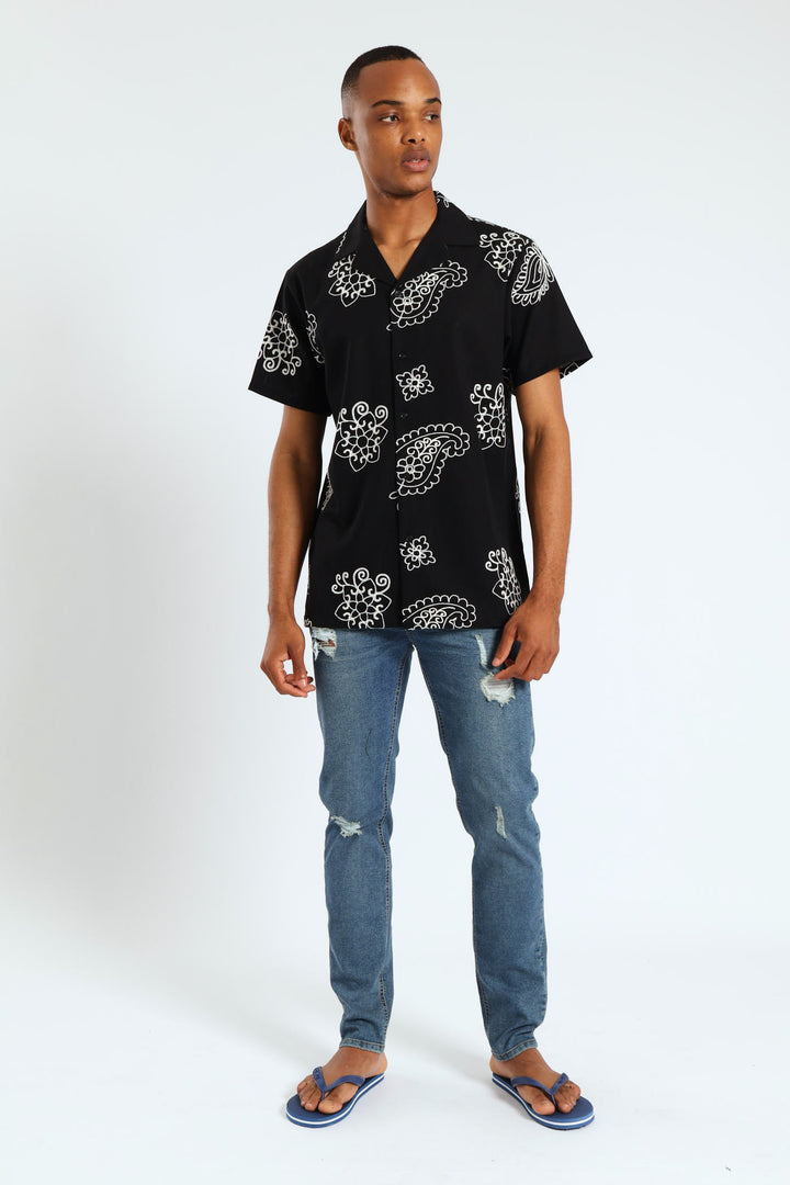 Bandana Paisley Embroidery Shirt - Black