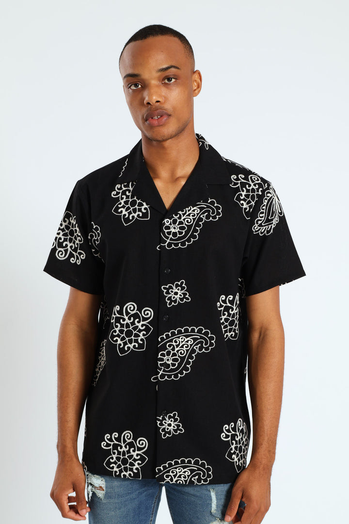 Bandana Paisley Embroidery Shirt - Black