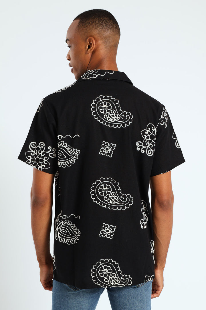 Bandana Paisley Embroidery Shirt - Black