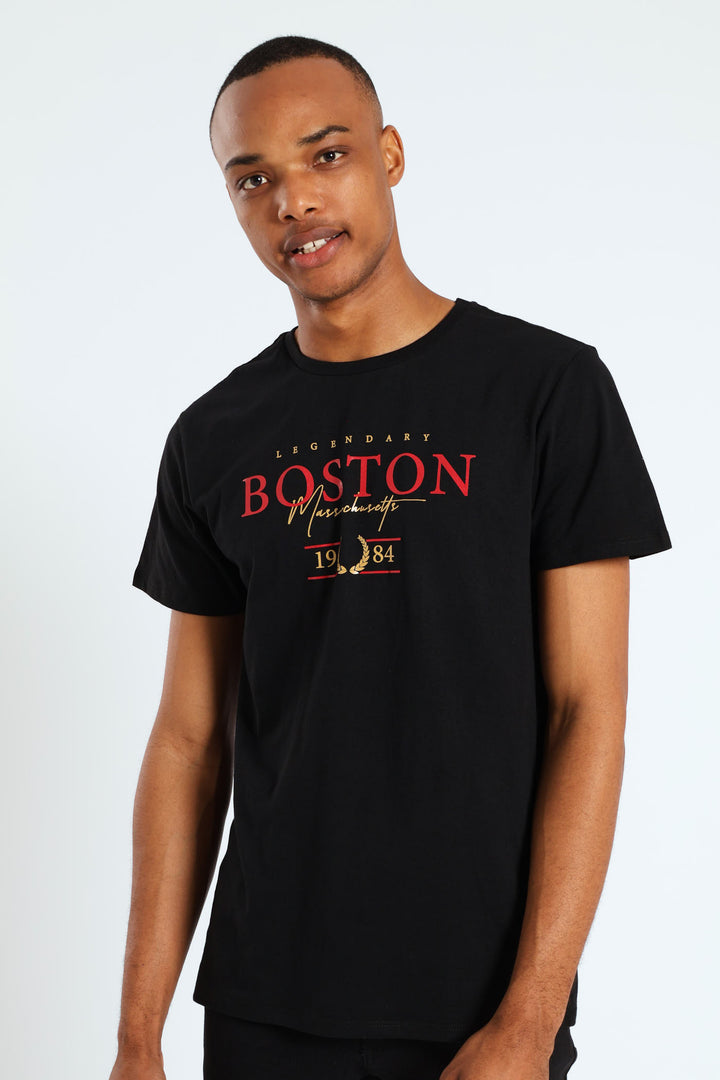 Short Sleeve Basic Print Tee-Black