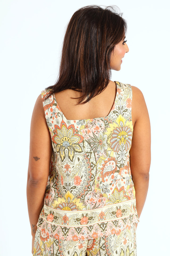 Sleeveless Printed Shell Tank Top With Border - Multi