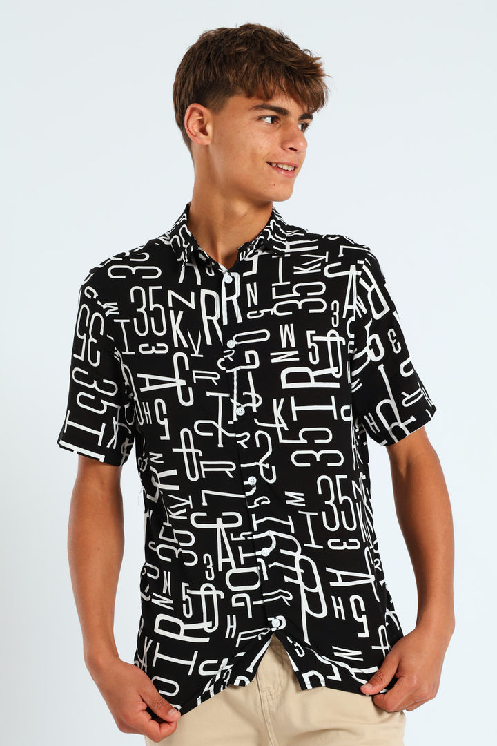 Boys Letter Viscose Shirt - Black/White