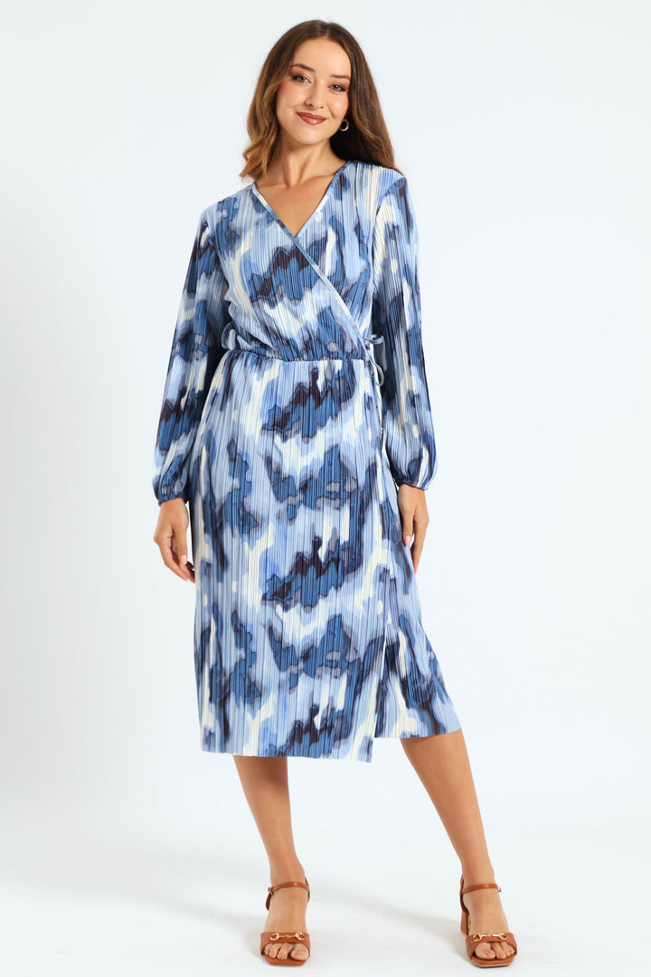 Mock Wrap Plisse Midi Dress - White/Blue