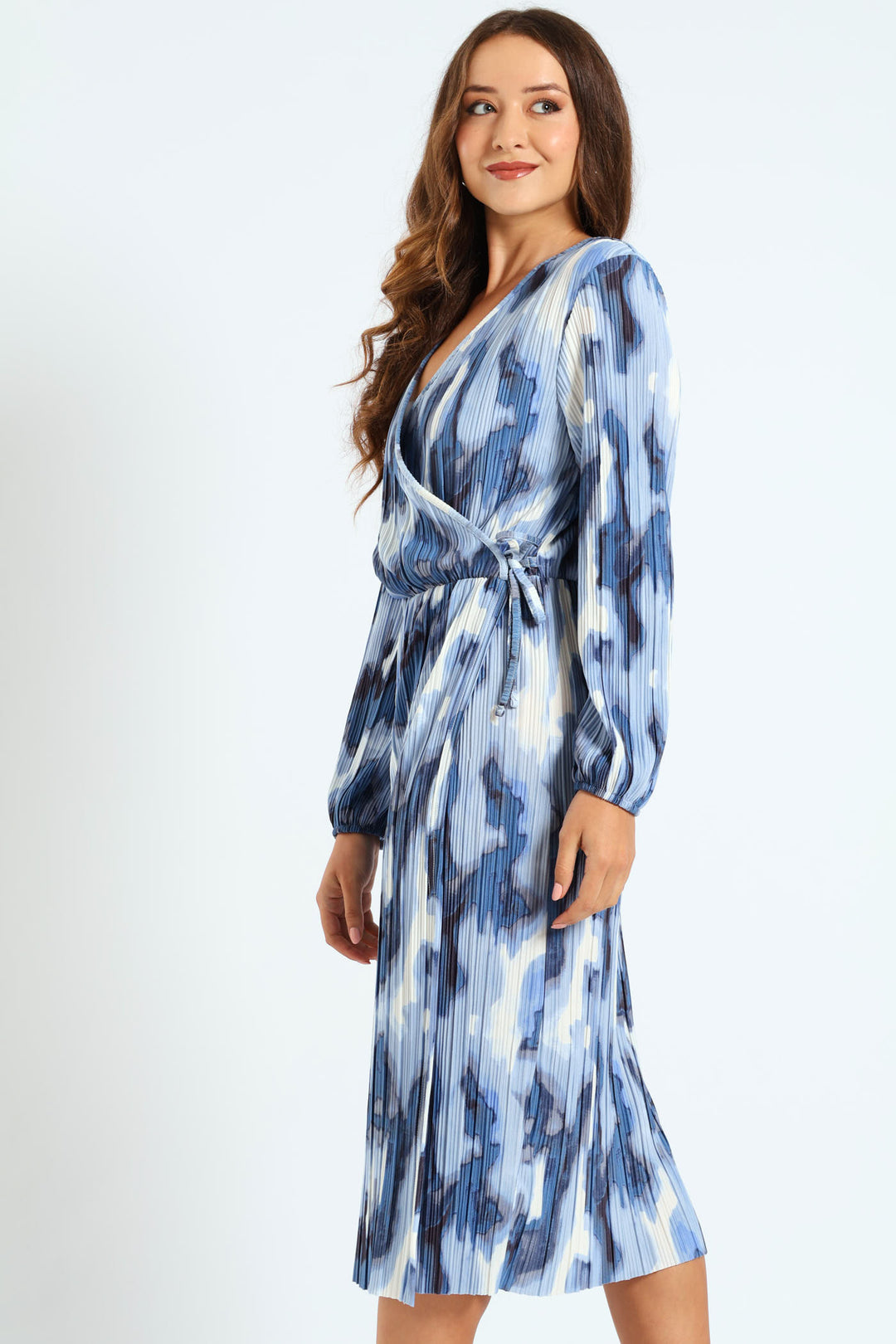 Mock Wrap Plisse Midi Dress - White/Blue