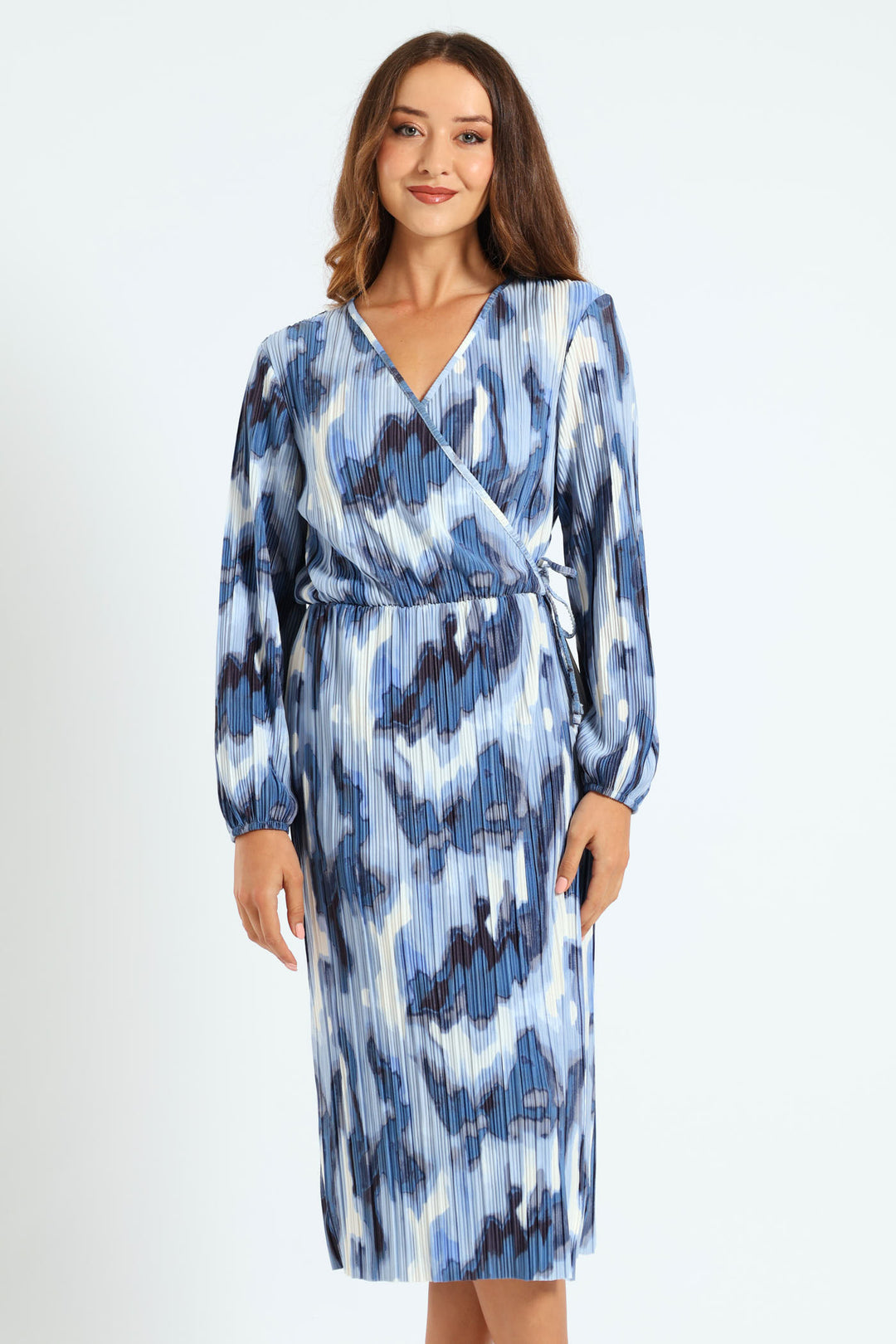 Mock Wrap Plisse Midi Dress - White/Blue