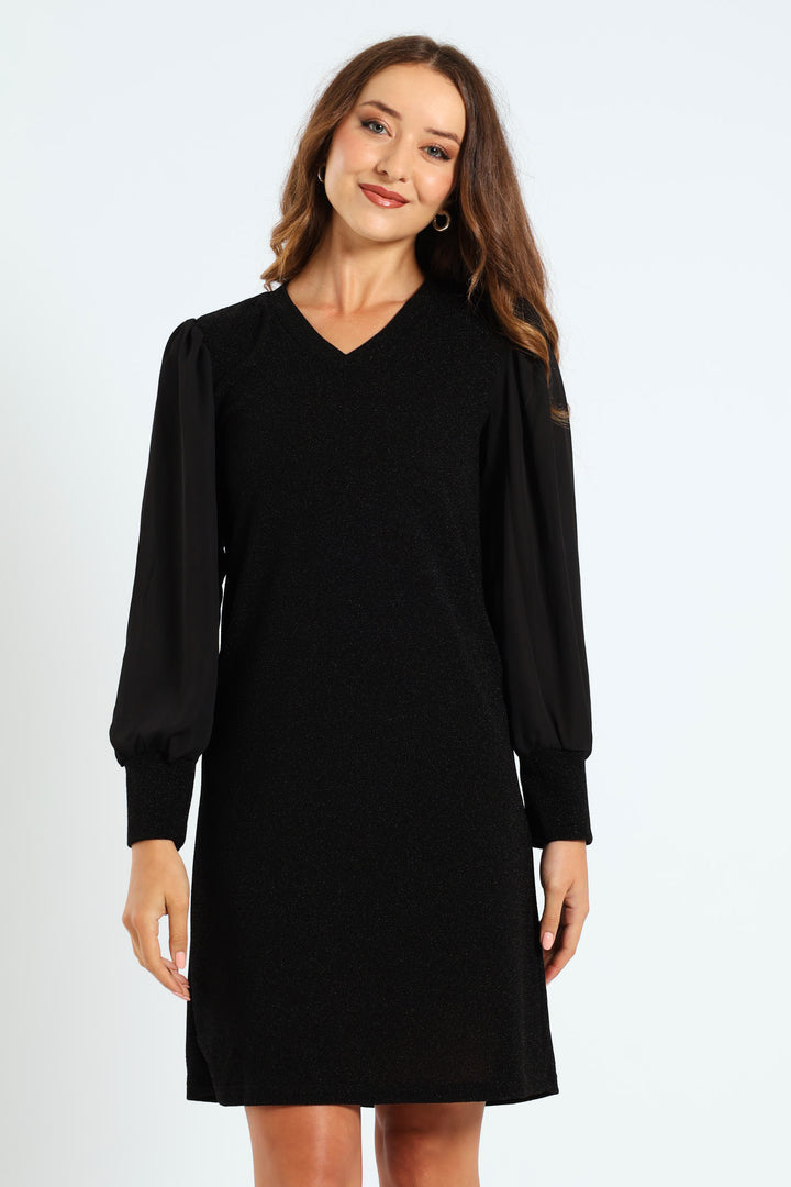 V-Neck Shimmer Knitwear Combo Shift Dress - Black