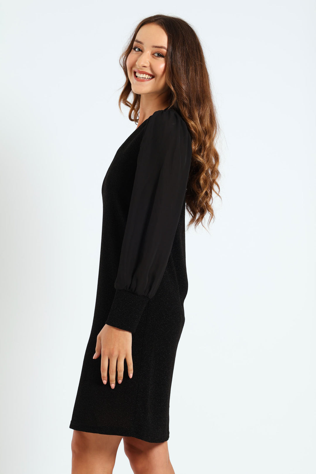 V-Neck Shimmer Knitwear Combo Shift Dress - Black