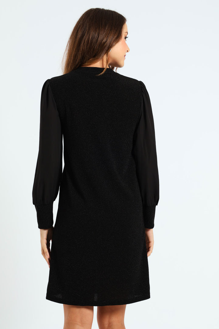 V-Neck Shimmer Knitwear Combo Shift Dress - Black