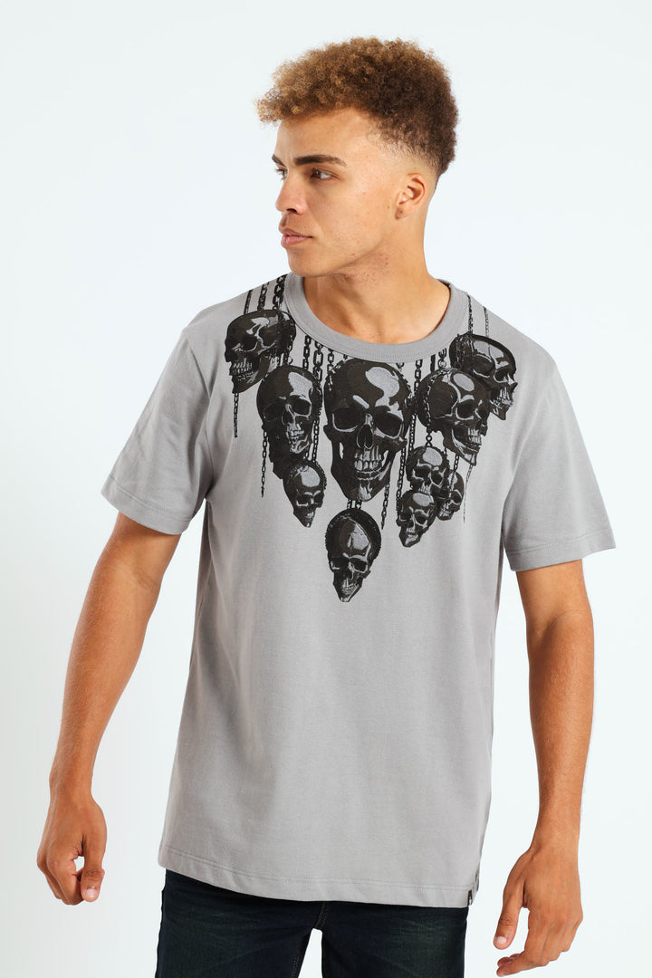 Chained Skull Embroidered Tee - Grey