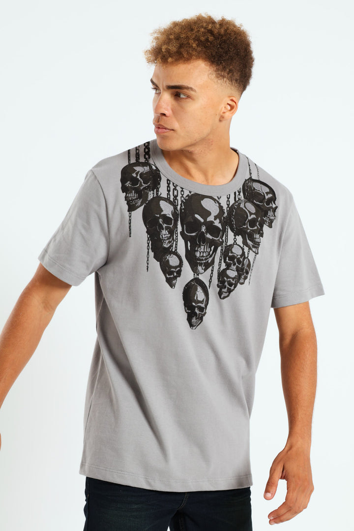 Chained Skull Embroidered Tee - Grey