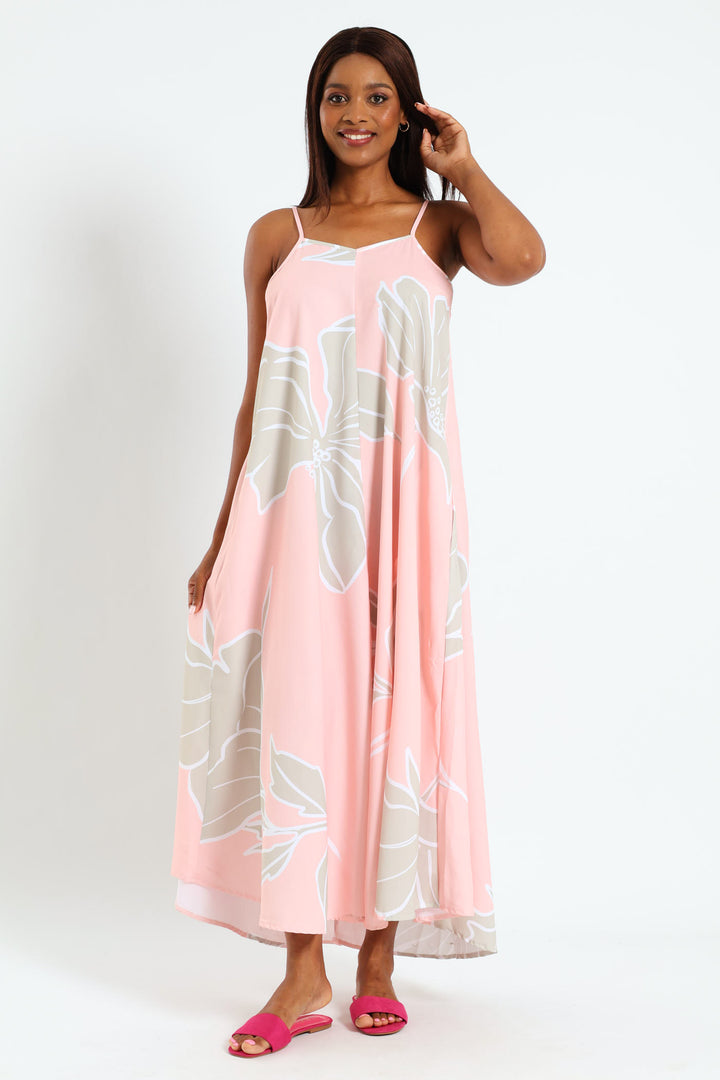 Strappy Printed Slip Midaxi Dress - White/Pink