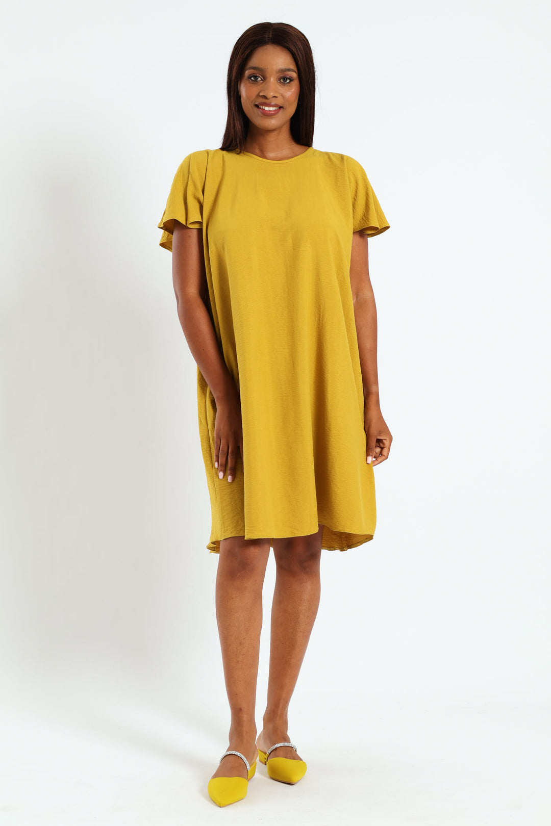 Tie-Back Frill Cape Swing Dress - Tumeric