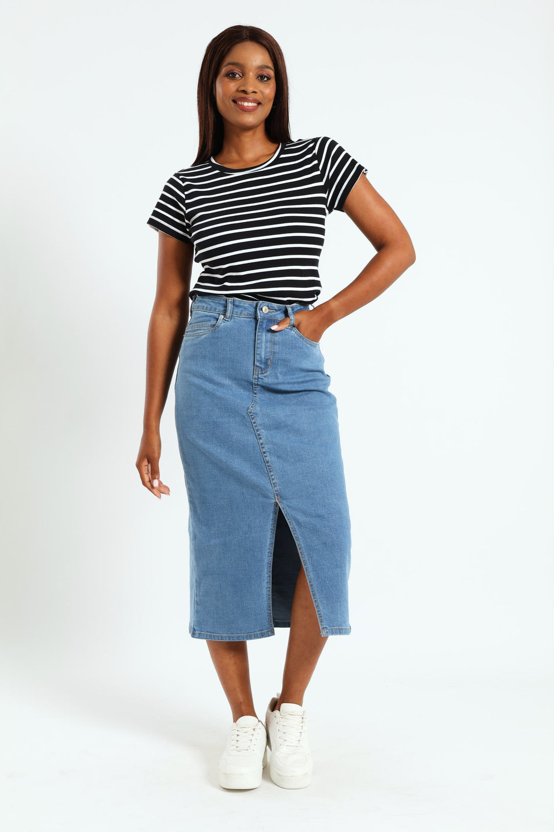 Classic Front Slit Denim Midi Skirt - Bleach