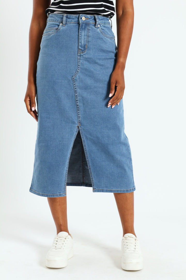 Classic Front Slit Denim Midi Skirt - Bleach