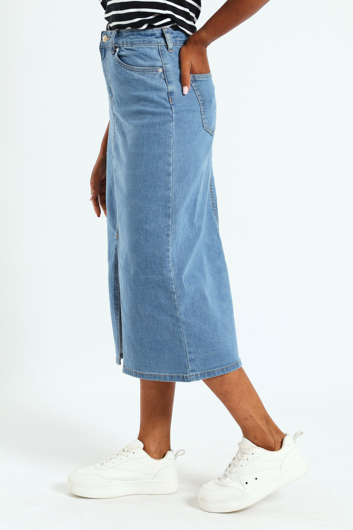 Classic Front Slit Denim Midi Skirt - Bleach