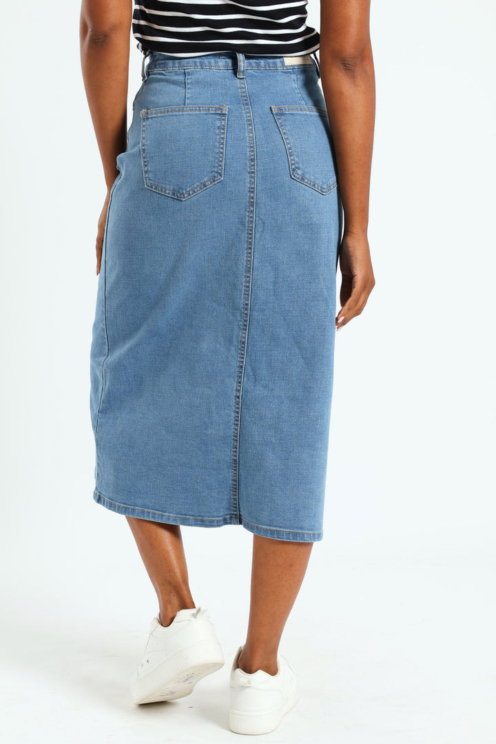 Classic Front Slit Denim Midi Skirt - Bleach