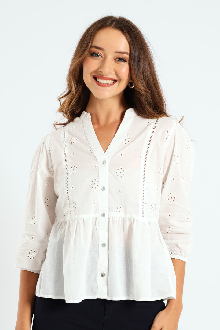 3/4 Sleeve Anglaise Peplum Shirt - White