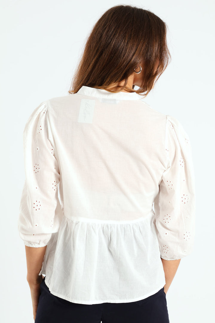 3/4 Sleeve Anglaise Peplum Shirt - White