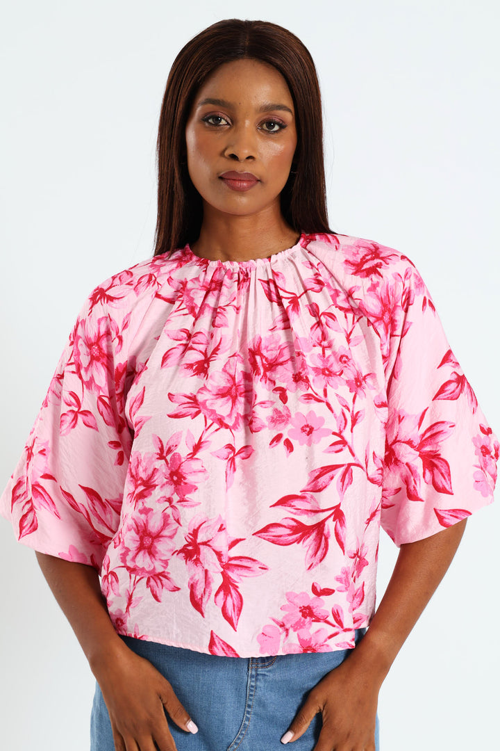 Bubble Sleeve Raglan Blouse - Pink