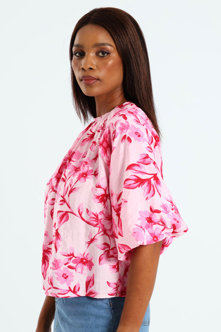 Bubble Sleeve Raglan Blouse - Pink