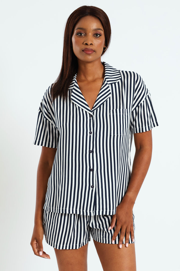 Button Through Linen Stripe Short Set - White/Navy