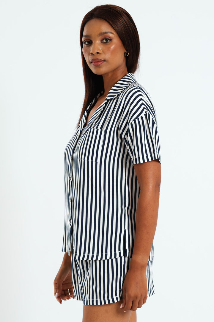 Button Through Linen Stripe Short Set - White/Navy