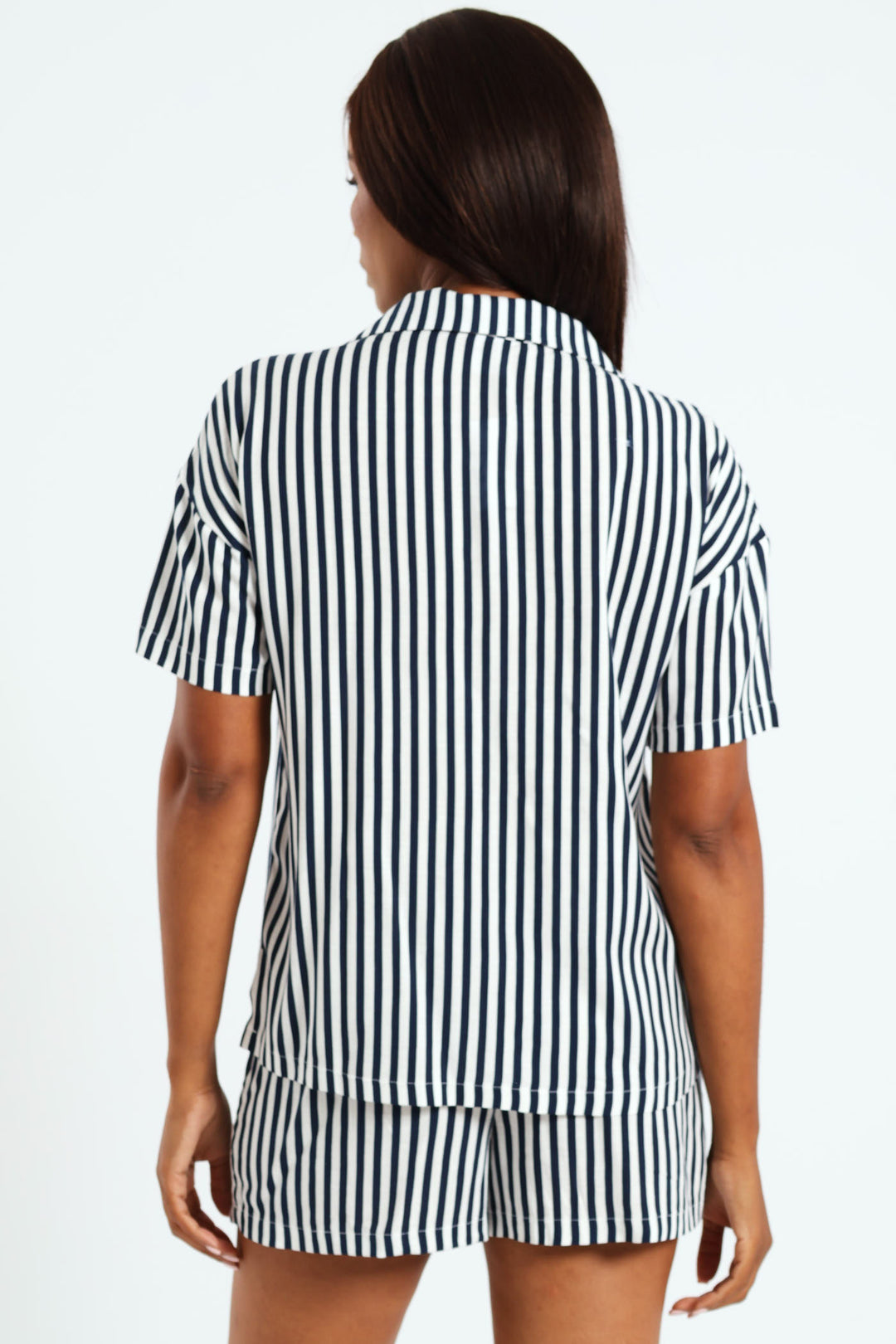 Button Through Linen Stripe Short Set - White/Navy