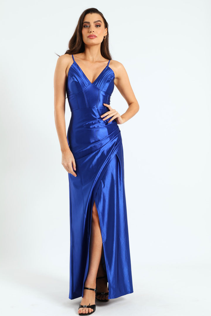 Wrap Skirt Maxi Dress With Pleat Detail - Cobalt