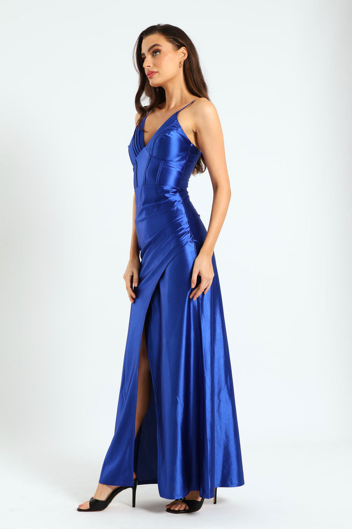 Wrap Skirt Maxi Dress With Pleat Detail - Cobalt