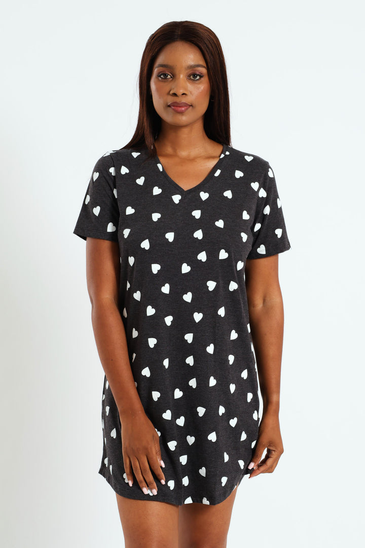 Heart Print Knit Sleepshirt - Charcoal Melange