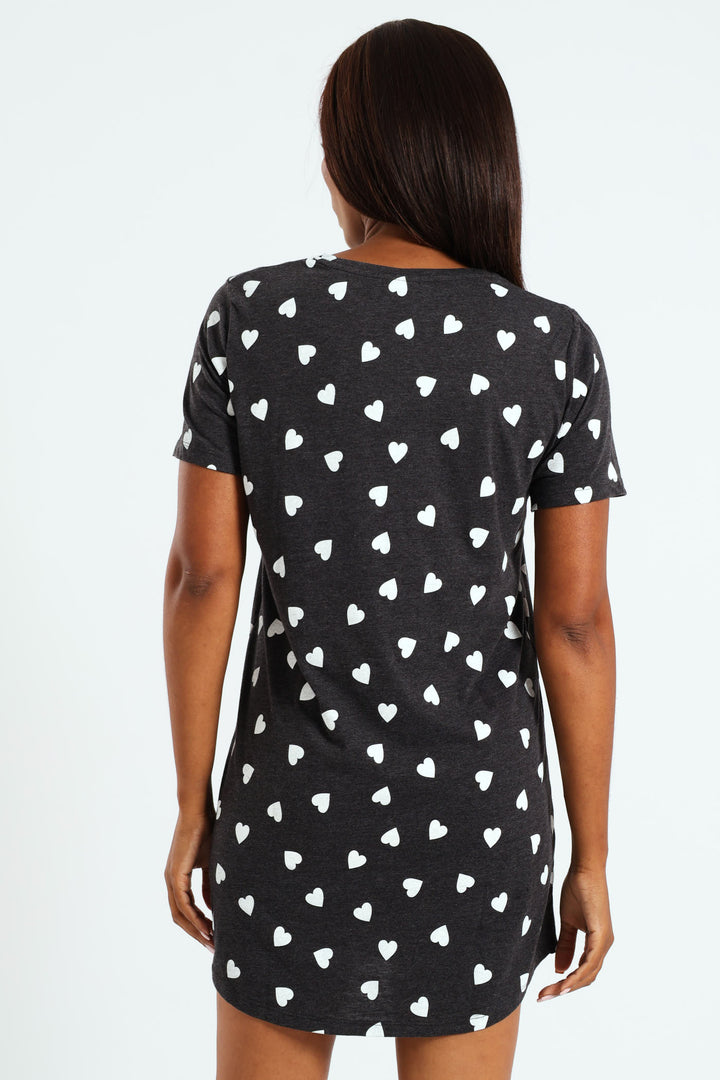 Heart Print Knit Sleepshirt - Charcoal Melange